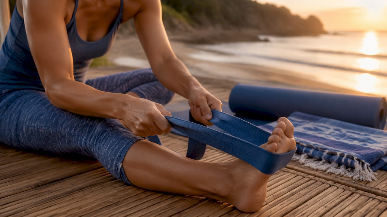 Hands adjusting yoga strap during hamstring stretch