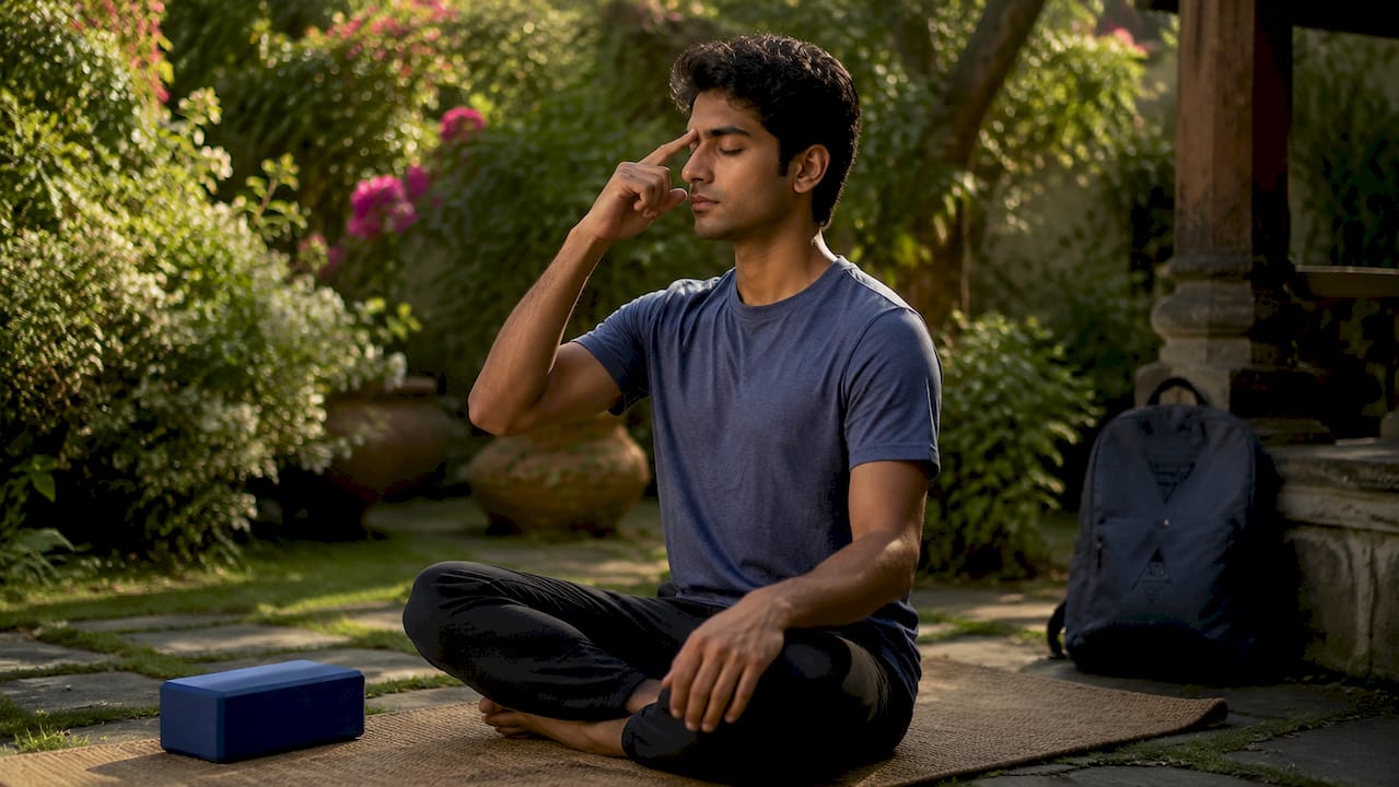 Man practicing mindful breath at home