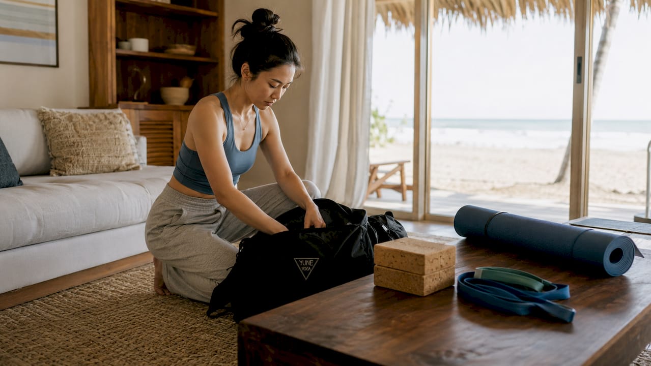 Woman packing travel yoga mat in bedroom