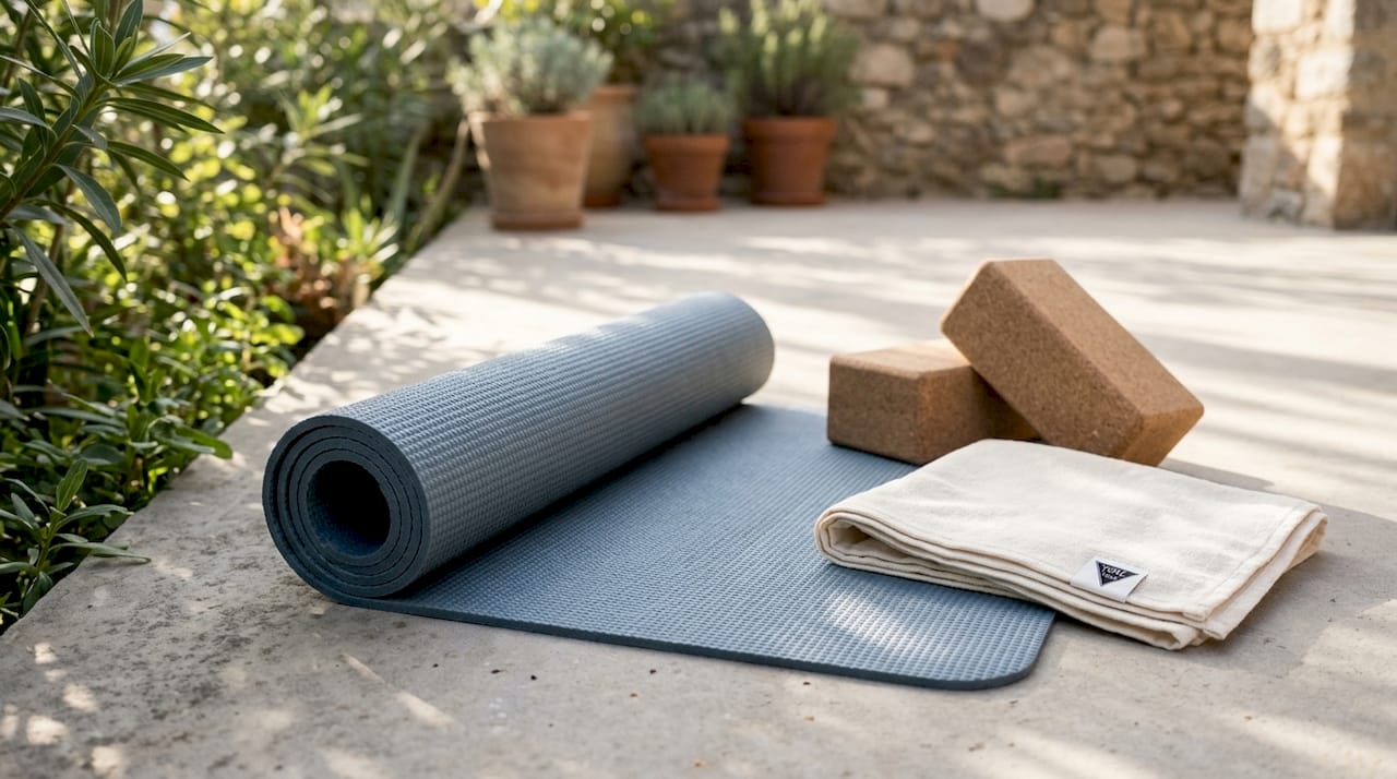 Natural rubber travel yoga mat with cork blocks