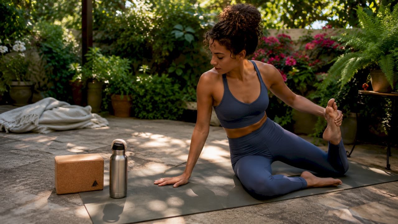 Woman practicing sustainable yoga indoors