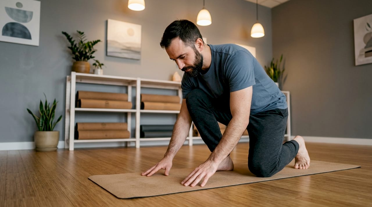 Man inspecting sustainable yoga mat indoors