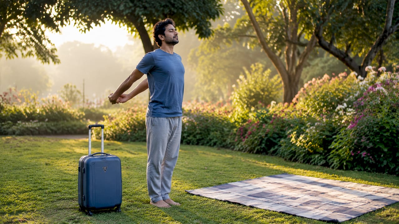 Man stretching shoulders before airplane boarding