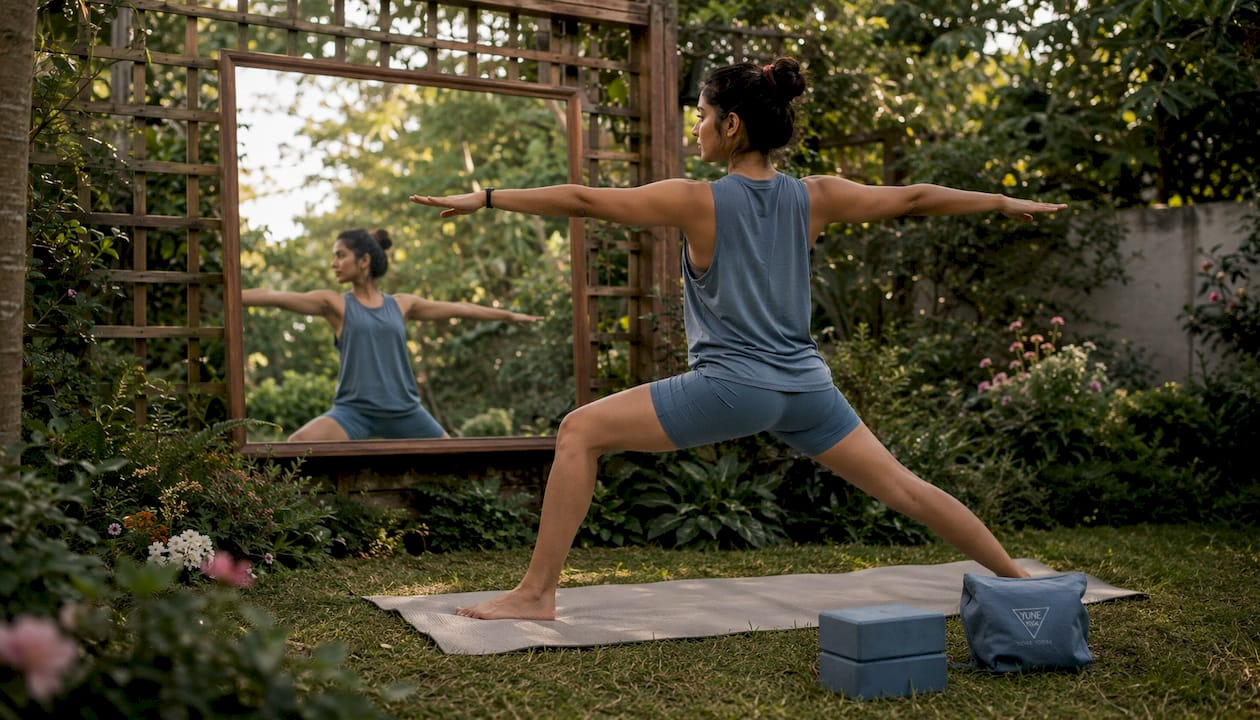 Woman checking yoga pose alignment in mirror