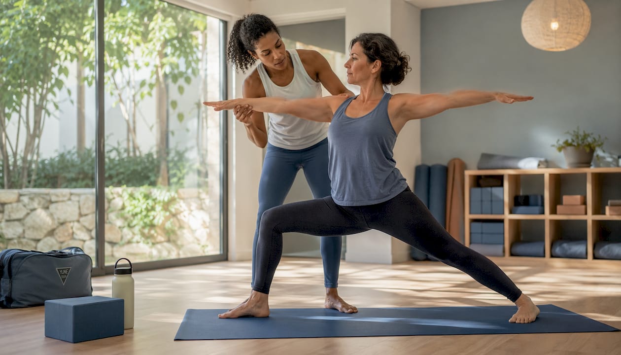 Yoga instructor adjusting student's arm in studio