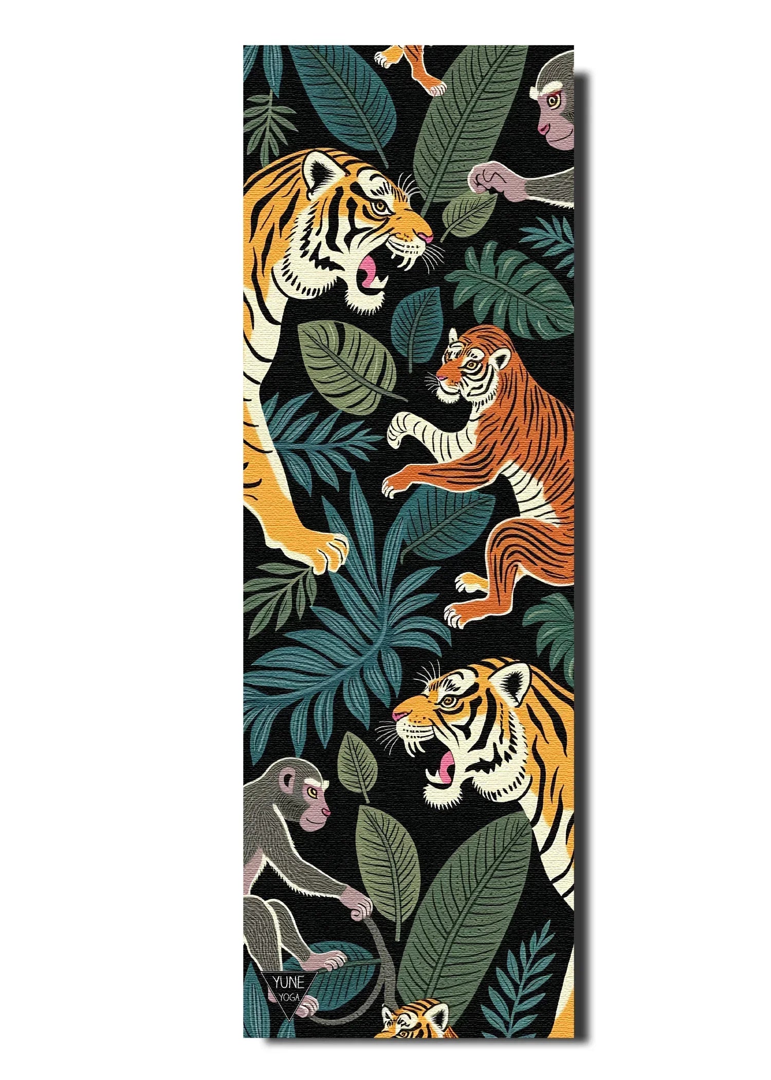 Yoga mat with illustrated tigers, monkeys, and tropical leaves on a black background